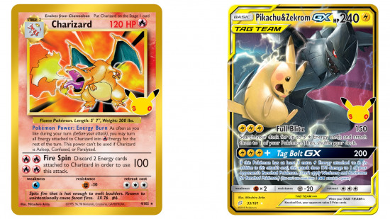 Base Set Charizard and Pikachu & Zekrom-GX from Team Up — both confirmed as 30th anniversary stamp reprints.