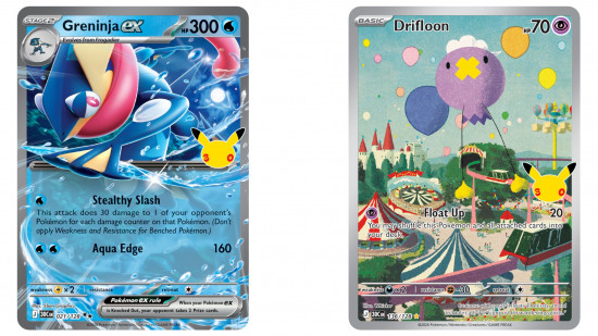 Greninja ex and Drifloon — two of the new-artwork cards revealed alongside the reprints. The illustration rare tier runs through Espeon, Umbreon, Lapras, Zorua, Lycanroc and more.