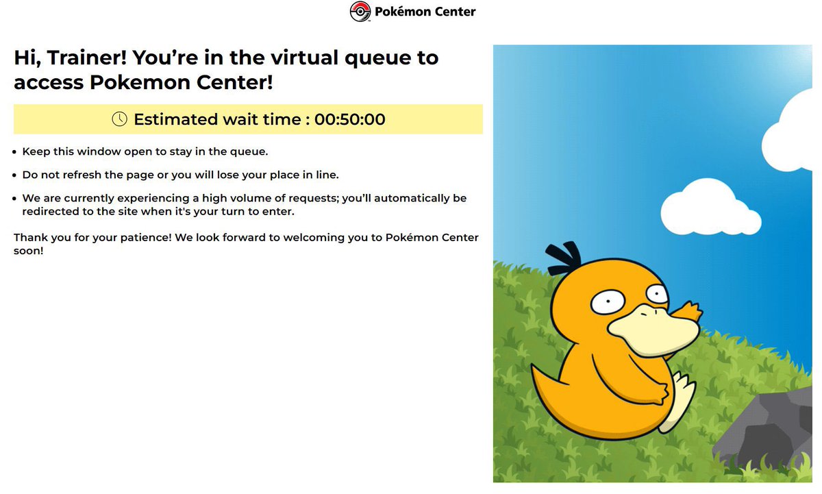 The other face of the queue: Psyduck, a fifty-minute timer, and three rules. Keep the window open, do not refresh, and you will be let through automatically.